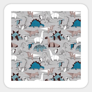 Origami dino friends // pattern // grey linen texture background blue white and beige dinosaurs Sticker